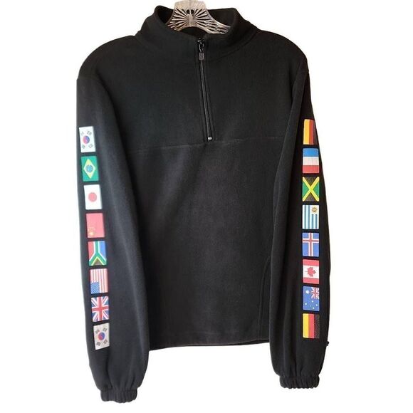 Forever 21 Pullover Size Small 1/4 Zip Black with Country Flags Side Pockets Syn - Picture 1 of 10